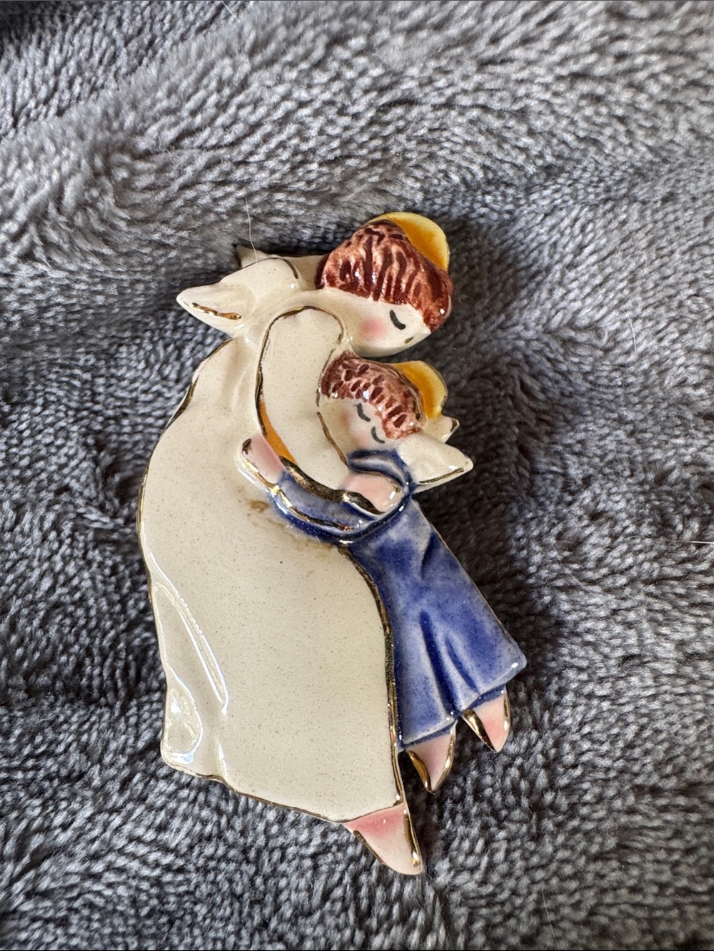 Ceramic Angel Mother and Child Brooch - White and Blue